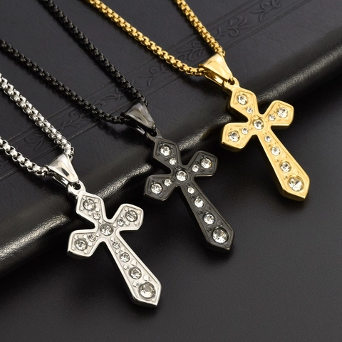 Heren Mode Titanium Staal Kruis Hanger Halsketting Met Strass Ingelegde Box Ketting Sieraden Goud Zilver Zwart Accessoire