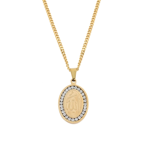 Collana con Ciondolo Ovale con Calligrafia Araba Religiosa Allah per Uomo Donna Gioielli in Acciaio Inossidabile con Strass