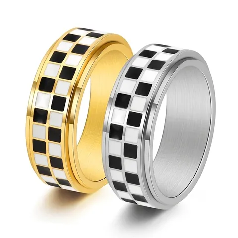 Titanstahl Schachbrett Spinner Ring Für Herren Damen Stressabbau Rotierender Minimalistischer Geometrischer Band Schmuck