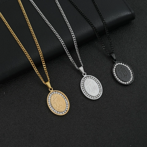 Collana con Ciondolo Ovale con Calligrafia Araba Religiosa Allah per Uomo Donna Gioielli in Acciaio Inossidabile con Strass