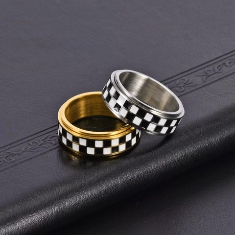 Titanstahl Schachbrett Spinner Ring Für Herren Damen Stressabbau Rotierender Minimalistischer Geometrischer Band Schmuck