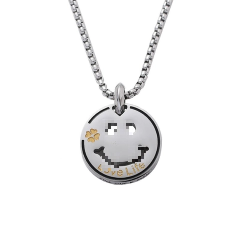 Hip Hop Titanium Steel Smiley Face Four Leaf Clover Pendant Necklace Love Life Engraved Round Medal Box Chain Jewelry Gift