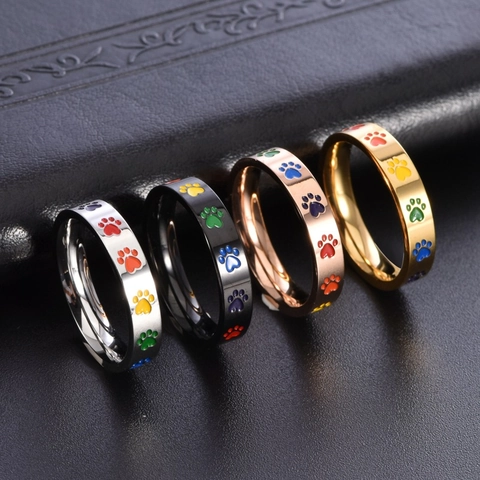 Anillo de Banda de Acero de Titanio Con Huella de Pata de Arcoíris para Mujer Joyería de Esmalte Regalo Amantes Mascotas