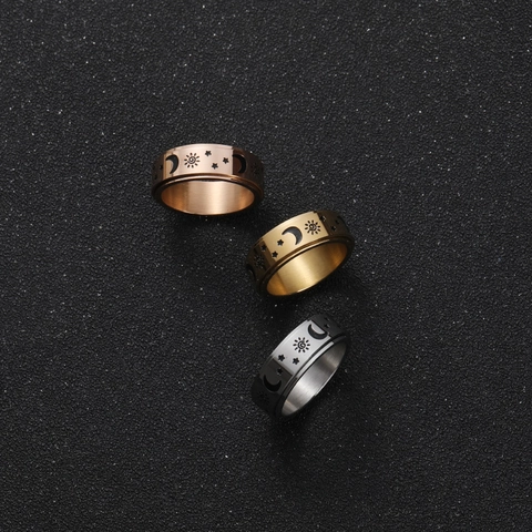 Titanium Staal Zon Maan Ster Draaiende Ring Voor Mannen Vrouwen Stressvermindering Angst Roterende Band Geometrische Hemelse Vingersieraden