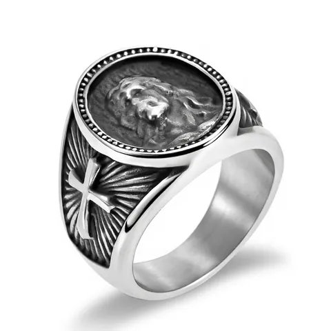 Anello da Uomo Vintage Religioso Ritratto di Gesù Croce in Acciaio Inossidabile Retrò Oro Argento Hip Hop Gotico Gioielli