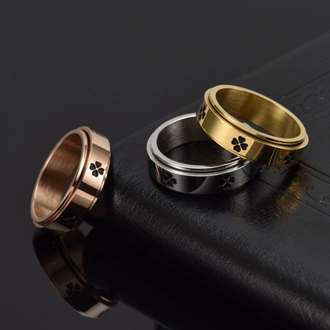 Anillo Giratorio Anti Ansiedad de Acero Inoxidable para Mujer Patrón de Trébol Spinner Band Minimalista Oro Rosa Joyería de Moda Regalo