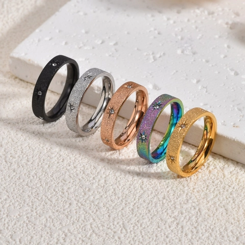 Stainless Steel Frosted Star Rhinestone Band Ring For Women Gold Plated Sandblasted Sunflower Design Fashion Jewelry