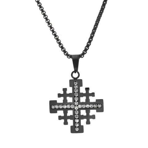 Titaniumstaal Jeruzalemkruis Strass Hanger Ketting Voor Heren Religieuze Mode Vergulde Box Ketting Sieraden Cadeau