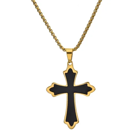 Men's Titanium Steel Cross Pendant Necklace Gothic Fashion Black Enamel Jewelry Polished Stainless Steel Box Chain Necklace