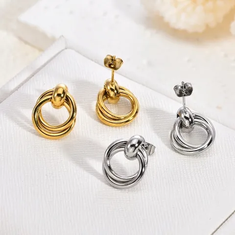 Minimalisti Orecchini in Acciaio al Titanio con Anelli Intrecciati per Donna Cerchio Doppio Geometrico Placcato Oro Argento Gioielli