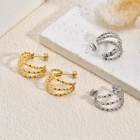 Light Luxury Twisted C-Shaped Hoop Earrings Stainless Steel Geometric Triple-Layer Spiral Earrings For Women Daily Jewelry