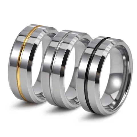 Men's Tungsten Steel Ring Beveled Edge Grooved Band Fashion Neutral Style Finger Ring High Polished Jewelry Gift