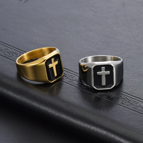 Vintage Punk Edelstahl Kreuz Siegelring Für Herren Gold Silber Galvanisiert Schwarz Emaille Religiöser Mode Finger Schmuck