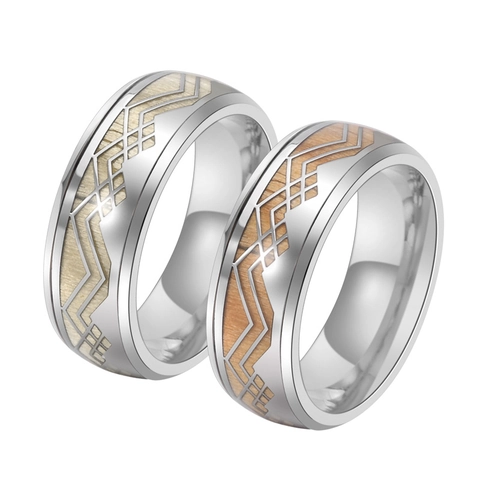 Vintage Stainless Steel Ring For Men Whiskey Barrel Wood Inlay Geometric Fret Pattern Band Fashion Jewelry Finger Ring