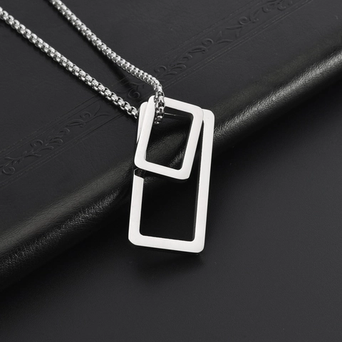 Hip Hop Titanium Steel Double Rectangle Pendant Necklace For Men Women Minimalist Geometric Jewelry Silver Box Chain Necklaces