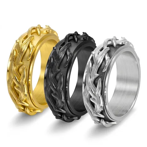 Anillo Giratorio de Acero Inoxidable Retro para Hombre Enredadera de Espinas Tejido Giratorio Alivio del Estrés Gótico Punk Joyas