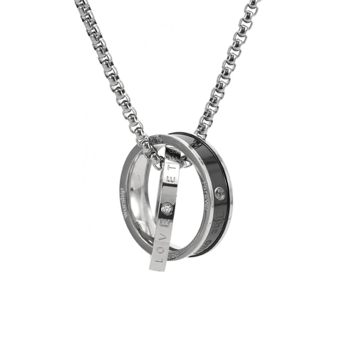 Stainless Steel Interlocking Double Ring Pendant Necklace For Couples Love Eternal Engraved Rhinestone Jewelry Gift For Men Women