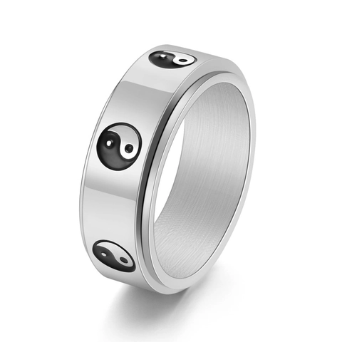 Anello Spinner Tai Chi Yin Yang in Stile Cinese per Uomo in Acciaio al Titanio Nero Argento Rotante Fascia Anello Gioielli Personalizzati Retrò