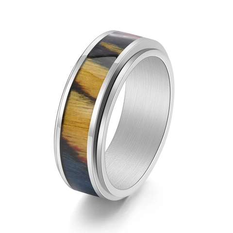 Mode Edelstahl Drehbarer Holzmaserung Einlage Ring Für Herren Minimalistisch Poliert Gold Silber Schwarz Fingerring Schmuck Geschenk