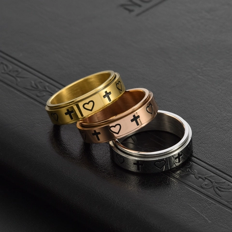 Anello Spinner in Acciaio Inossidabile Con Motivo Cuore Croce Anello Rotante Antistress per Uomo Donna Gioielli Regalo
