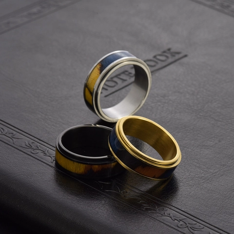 Mode Edelstahl Drehbarer Holzmaserung Einlage Ring Für Herren Minimalistisch Poliert Gold Silber Schwarz Fingerring Schmuck Geschenk
