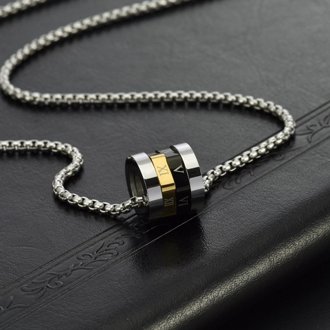 Minimalist Stainless Steel Roman Numeral Rotatable Cylinder Pendant Necklace For Men Fashion Long Box Chain Jewelry Accessorie