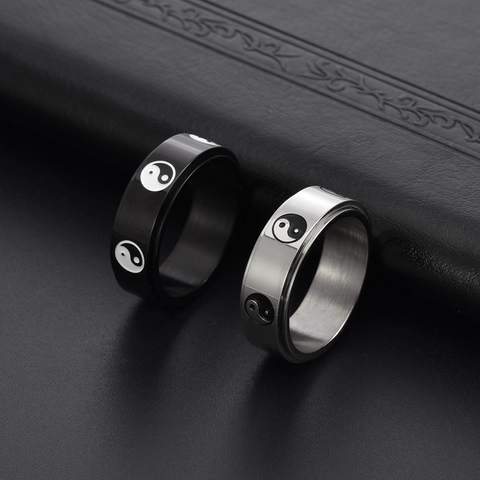Anello Spinner Tai Chi Yin Yang in Stile Cinese per Uomo in Acciaio al Titanio Nero Argento Rotante Fascia Anello Gioielli Personalizzati Retrò