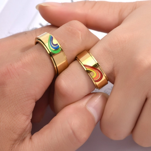 Minimalistisch Edelstahl Spinner Ring Für Paare Regenbogen Herz Drehbar Stressabbau Fingerring Mode Schmuck Geschenk