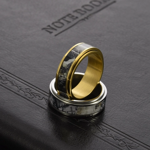 Titanium Steel Rotatable Spinner Ring For Men Retro Tree Branch Camouflage Inlaid Anxiety Stress Relief Fashion Band Jewelry