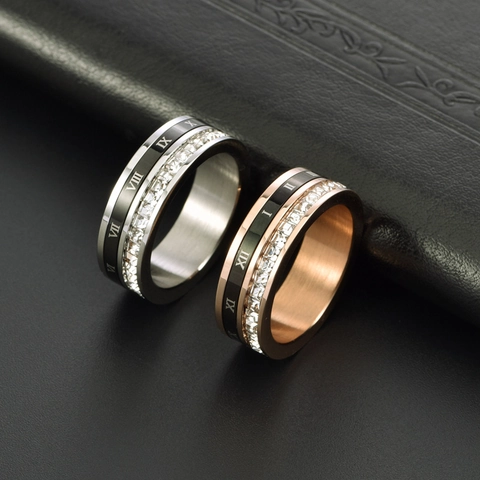 Anello Girevole in Acciaio Inossidabile Con Numeri Romani e Intarsio di Strass Quadrati Fedina Moda Uomo Donna