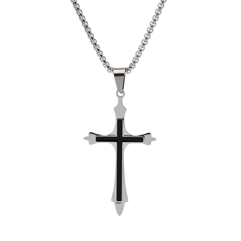 Heren Titanium Staal Dubbellaags Kruis Hanger Ketting Punk Hip Hop Zilver Zwart Druppelolie Sieraden Cadeau Voor Mannen