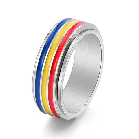 Edelstahl Regenbogen Spinner Ring Für Damen Herren Drehbarer Stressabbau Band Ring Leichter Luxus Emaille Gestreifter Schmuck