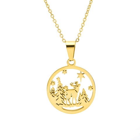 Stainless Steel Hollow Reindeer Forest Round Pendant Necklace For Women Elegant Winter Christmas Star Snowflake Jewelry Gift