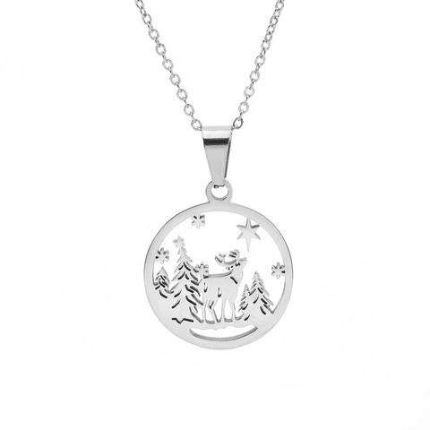 Stainless Steel Hollow Reindeer Forest Round Pendant Necklace For Women Elegant Winter Christmas Star Snowflake Jewelry Gift