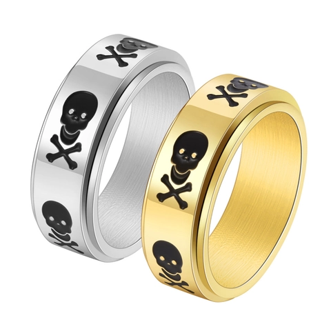 Men's Stainless Steel Skull Spinner Ring Gothic Punk Rotatable Band For Stress Relief Black Gold Silver Fashion Finger Ring