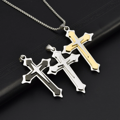 Titanium Steel Men's Three-Layer Cross Pendant Necklace Gothic Punk Spliced Star Religious Fashion Jewelry Gift For Men