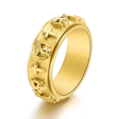 Vintage Punk Skull Cross Stainless Steel Rotatable Ring For Men Gothic Relief Spinner Ring Fashion Band Jewelry Gift