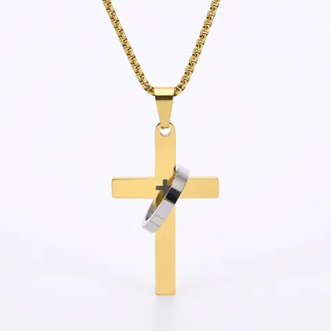 Collier Pendentif Croix Hip Hop en Acier Titane pour Hommes Cercle Imbriqué Or Argent Noir Chaîne de Pull en Acier Inoxydable