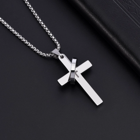 Collier Pendentif Croix Hip Hop en Acier Titane pour Hommes Cercle Imbriqué Or Argent Noir Chaîne de Pull en Acier Inoxydable