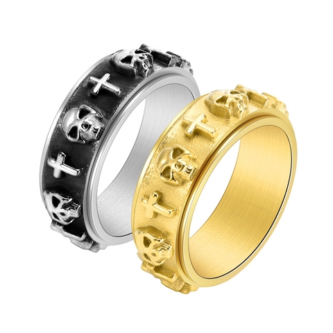 Vintage Punk Skull Cross Stainless Steel Rotatable Ring For Men Gothic Relief Spinner Ring Fashion Band Jewelry Gift