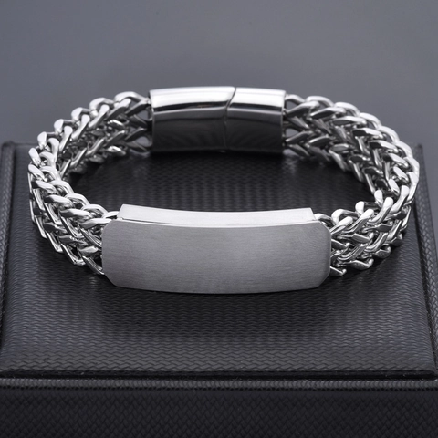 Men's Punk Double Layer Titanium Steel Wheat Chain Bracelet Rectangular ID Plate Magnetic Clasp Hip Hop Jewelry For Men