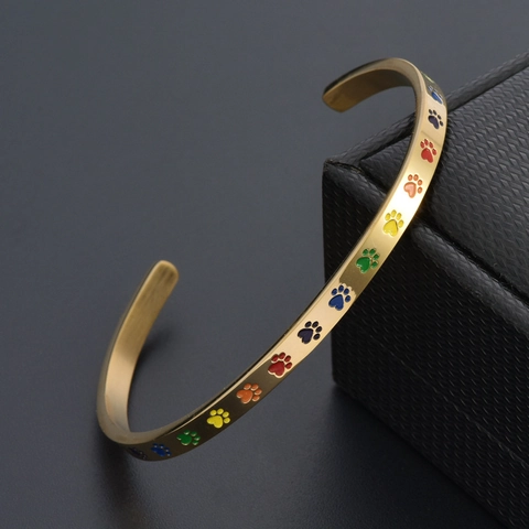 Titanstahl Regenbogen Pfotenabdruck Armreif Für Damen Frischer Stil Offener C-Form Tierfußabdruck Armband Schmuckzubehör
