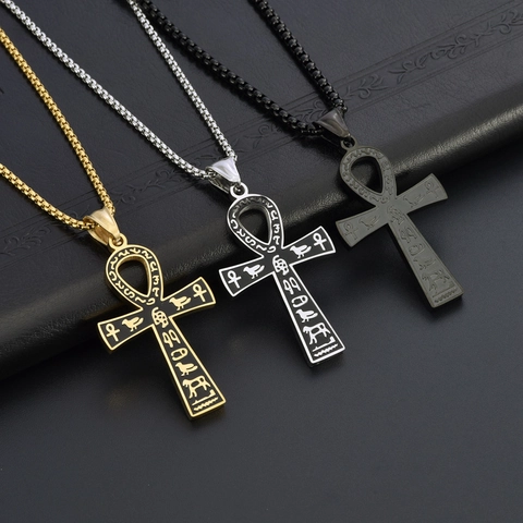 Collana con Pendente a Croce Ankh Antico Egitto in Acciaio al Titanio Simboli Geroglifici Chiave della Vita Gioielli