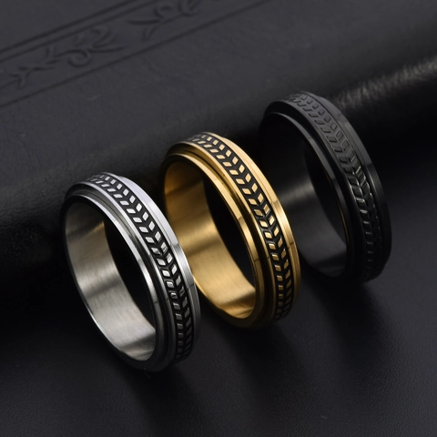 Stainless Steel Spinner Ring Tire Pattern Rotatable Anxiety Relief Band Ring Minimalist Industrial Jewelry For Men Women