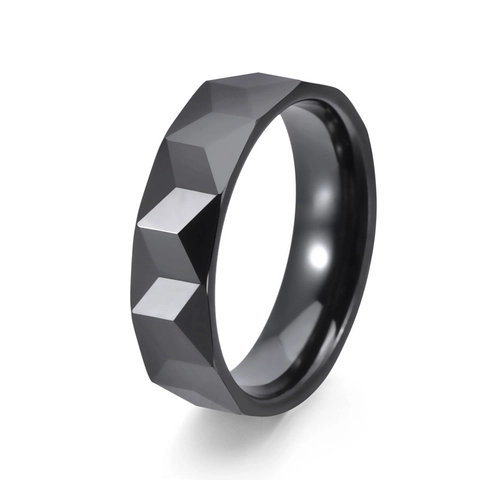 Anello in Ceramica Sfaccettata Geometrica Minimalista per Uomo Donna Texture a Piramide Nero Argento Fascia Gioielli