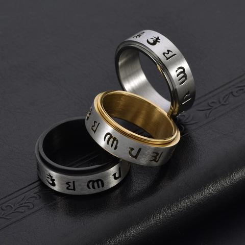Anillo Giratorio de Mantra de Seis Sílabas de Acero Inoxidable para Hombre Retro Cepillado Religioso Budista para Aliviar Estrés