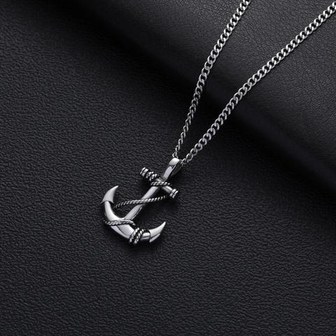Collar Con Colgante de Ancla de Acero Inoxidable Vintage para Hombre Hip Hop Detalle de Cuerda Náutica Joyería de Tendencia Plata Pulida