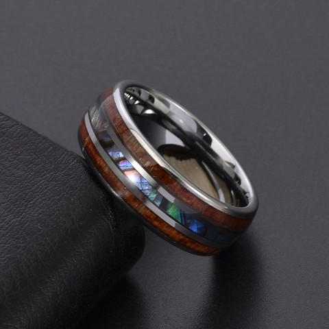 Bague pour Homme en Acier au Tungstène avec Incrustation de Grain de Bois et Coquille d'Abalone Bijoux Polis pour Mariage Affaires