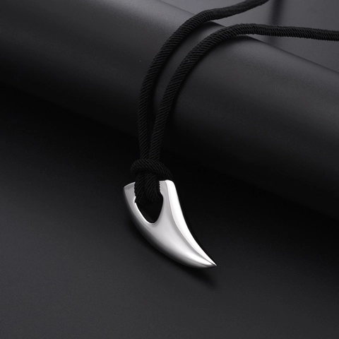 Punk Titanium Steel Wolf Tooth Pendant Necklace For Men Women Polished Edgy Jewelry With Black Braided Cord Necklace