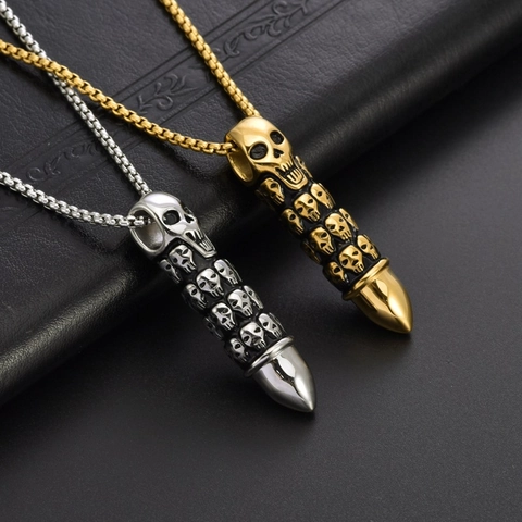 Punk Retro Titanium Steel Skull Bullet Pendant Necklace Hip Hop Style Jewelry Accessory For Men And Unisex Daily Wear